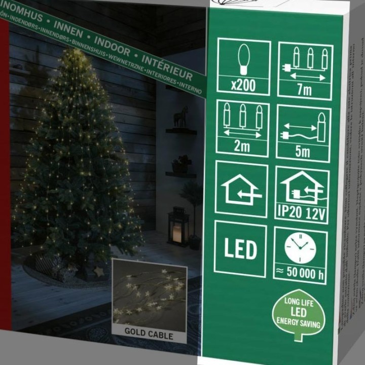 Guirlande lumineuse LED à lamelles étoilées, 200 diodes blanc chaud, fil doré 