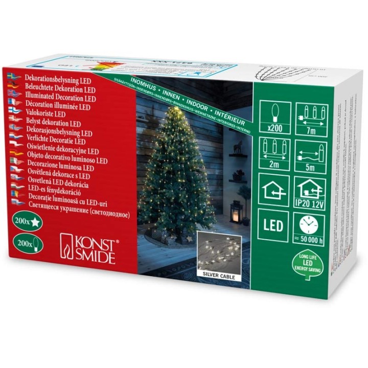 Guirlande lumineuse LED à lamelles étoilées, 200 diodes blanc chaud, fil argenté