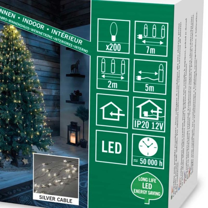 Guirlande lumineuse LED à lamelles étoilées, 200 diodes blanc chaud, fil argenté