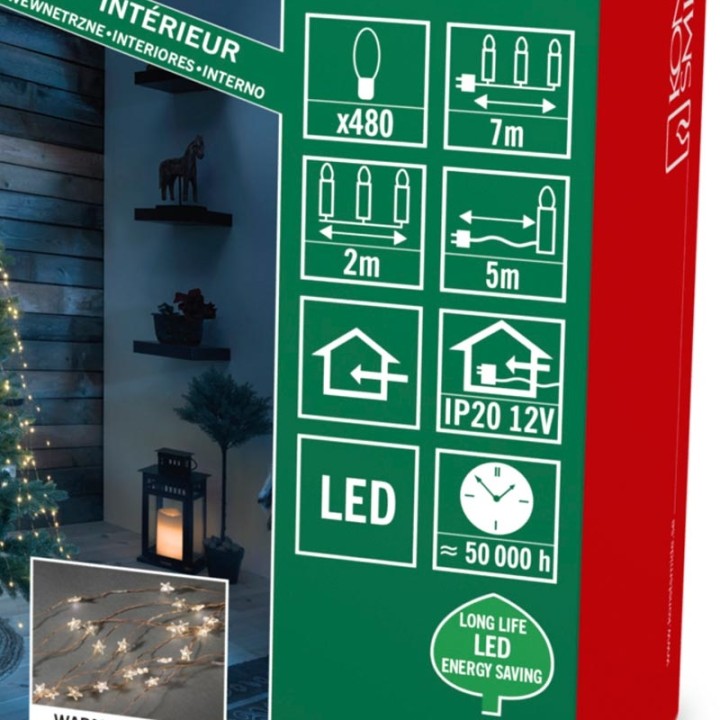 Guirlande LED lumineuse à lamelles étoilées, 480 diodes blanc chaud, fil cuivré