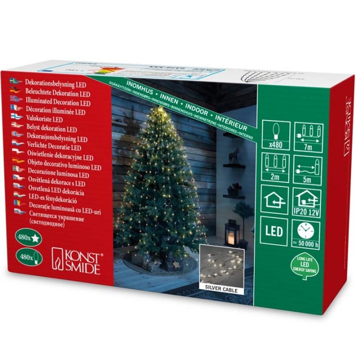 Guirlande LED lumineuse à lamelles étoilées, 480 diodes blanc chaud, fil argenté