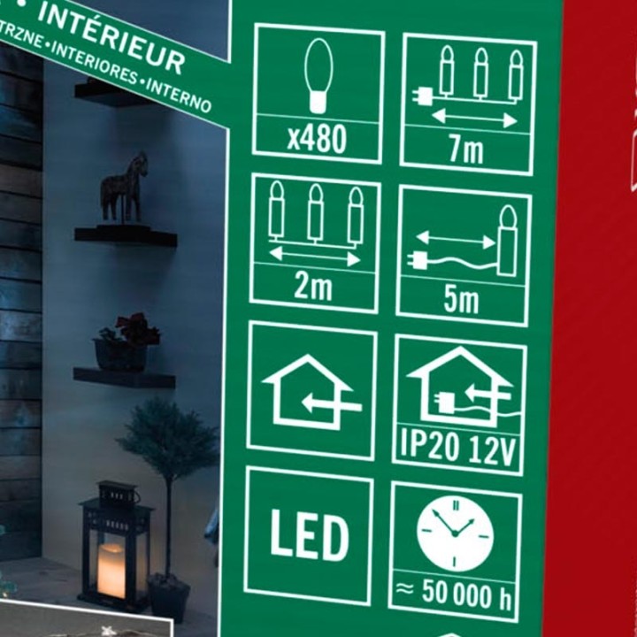 Guirlande LED lumineuse à lamelles étoilées, 480 diodes blanc chaud, fil argenté