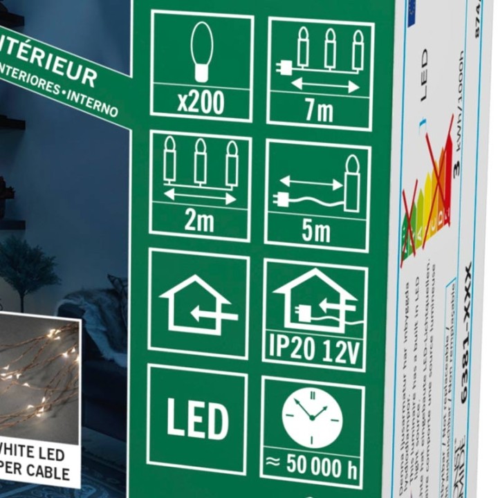 Guirlande LED lumineuse ornées de gouttes, 200 diodes blanc chaud, fil cuivré
