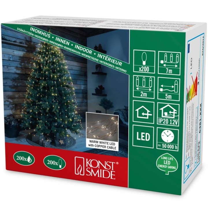 Guirlande LED lumineuse ornées de gouttes, 200 diodes blanc chaud, fil cuivré