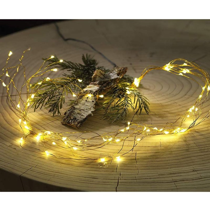 Guirlande LED lumineuse ornées de gouttes, 200 diodes blanc chaud, fil doré 