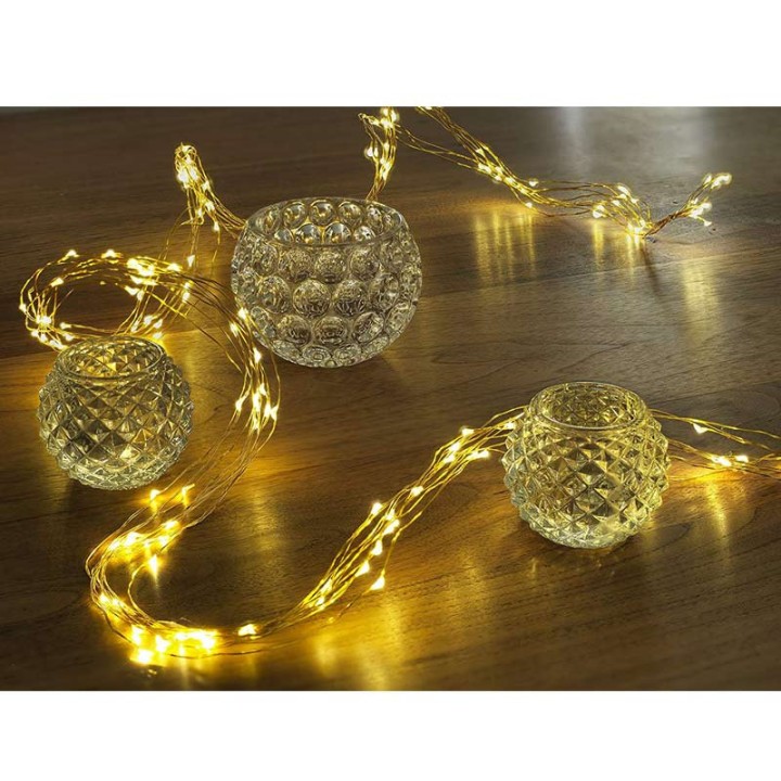 Guirlande LED lumineuse ornées de gouttes, 200 diodes blanc chaud, fil doré 