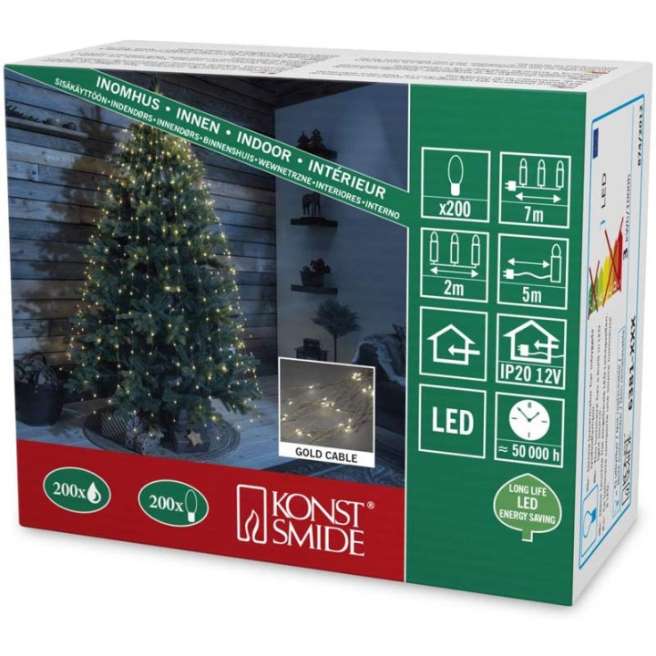 Guirlande LED lumineuse ornées de gouttes, 200 diodes blanc chaud, fil doré 