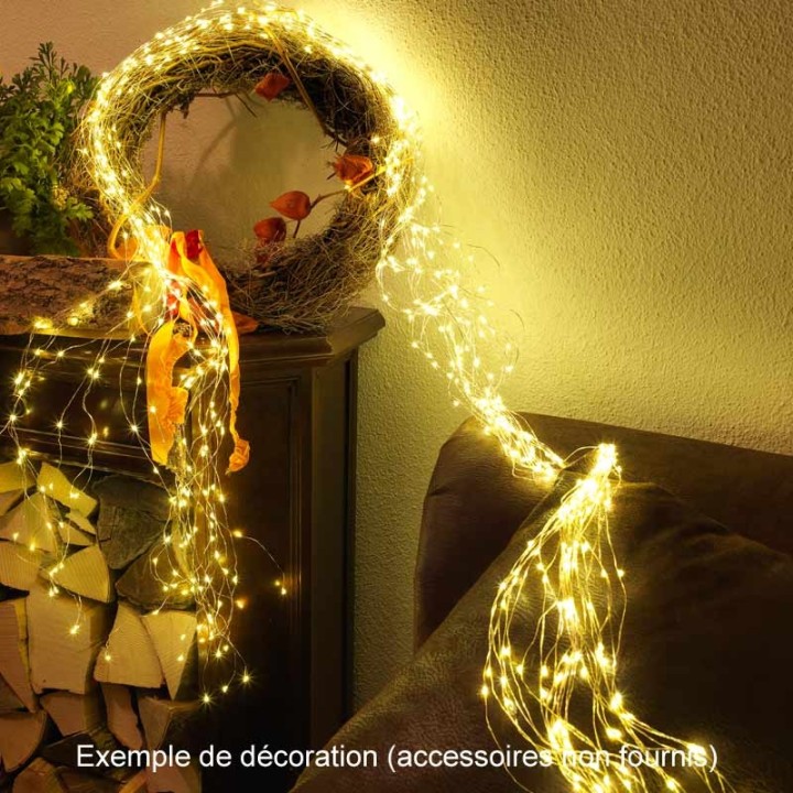 Guirlande LED lumineuse ornées de gouttes, 200 diodes blanc chaud, fil argenté
