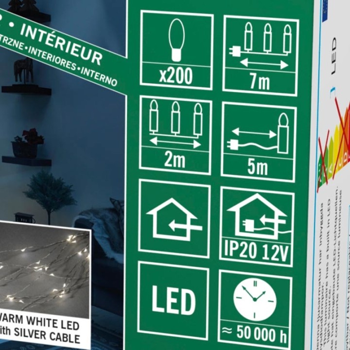 Guirlande LED lumineuse ornées de gouttes, 200 diodes blanc chaud, fil argenté