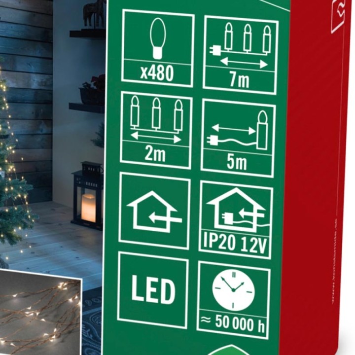 Guirlande lumineuse LED ornées de gouttes, 480 diodes blanc chaud, fil cuivré