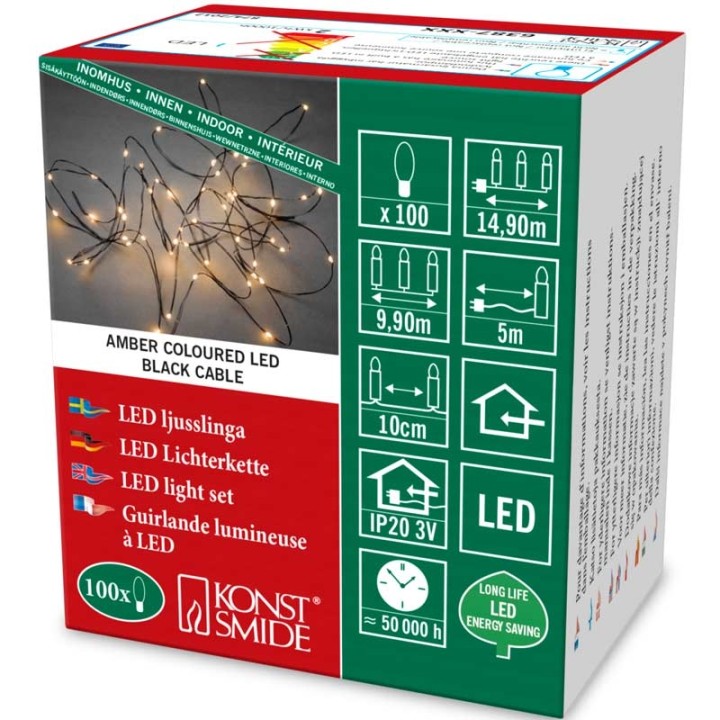 Guirlande lumineuse LED effet gouttes, 100 diodes ambrées, fil noir