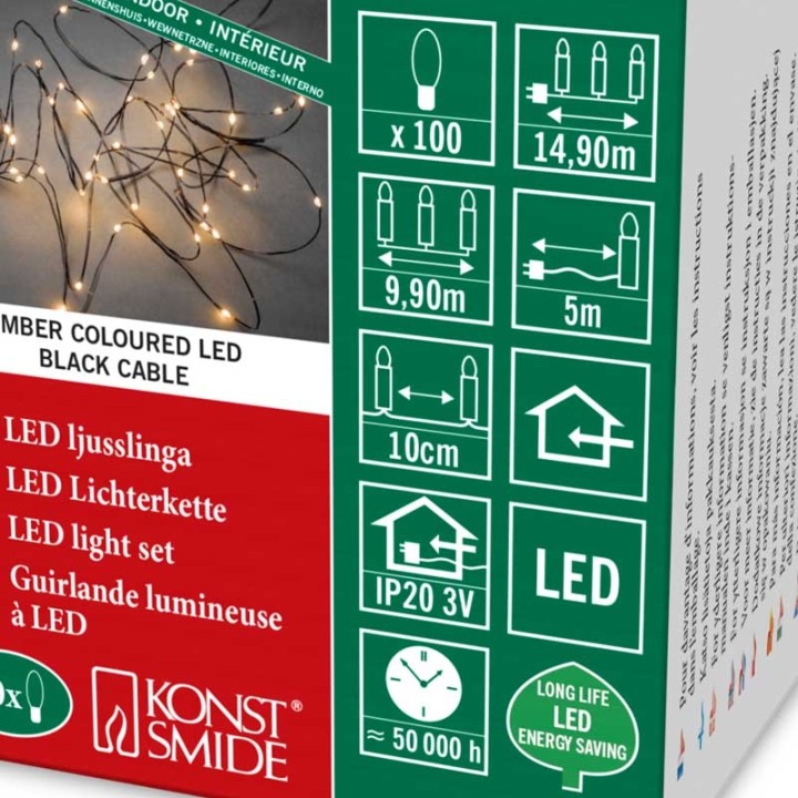 Guirlande lumineuse LED effet gouttes, 100 diodes ambrées, fil noir