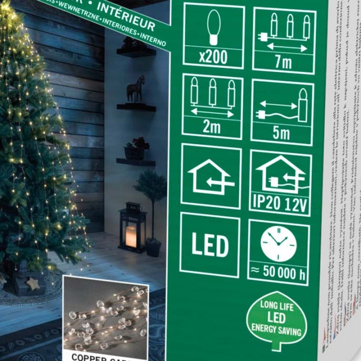 Guirlande lumineuse LED ornées de diamants, 200 diodes blanc chaud, fil cuivré
