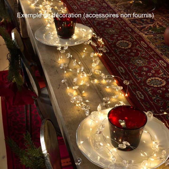 Guirlande lumineuse LED ornées de diamants, 200 diodes blanc chaud, fil argenté