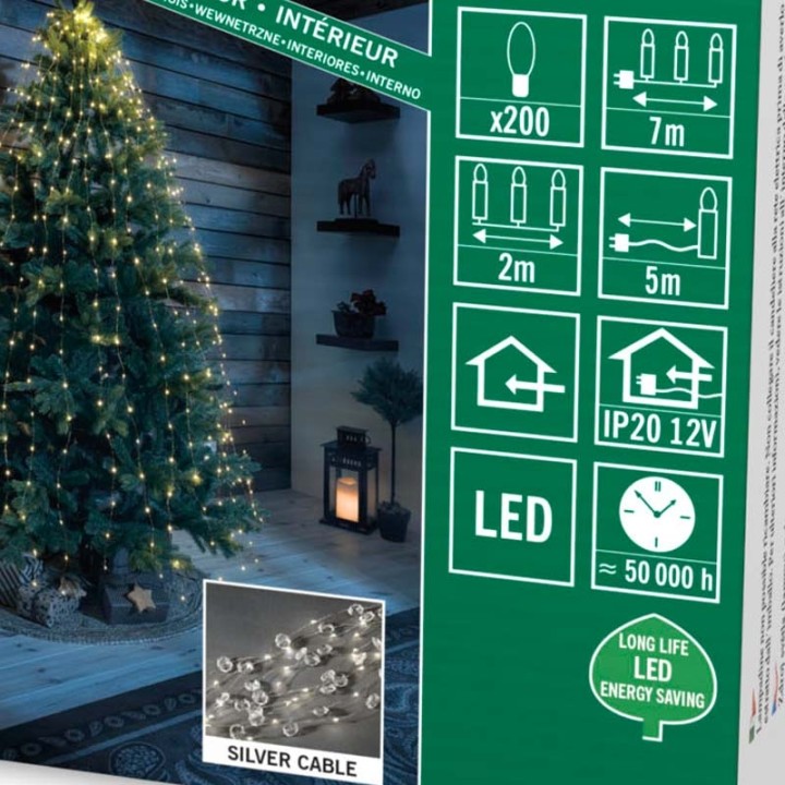 Guirlande lumineuse LED ornées de diamants, 200 diodes blanc chaud, fil argenté