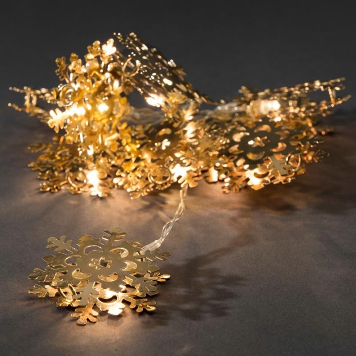 Guirlande lumineuse décorative à LED, flocons de neige métalliques dorés