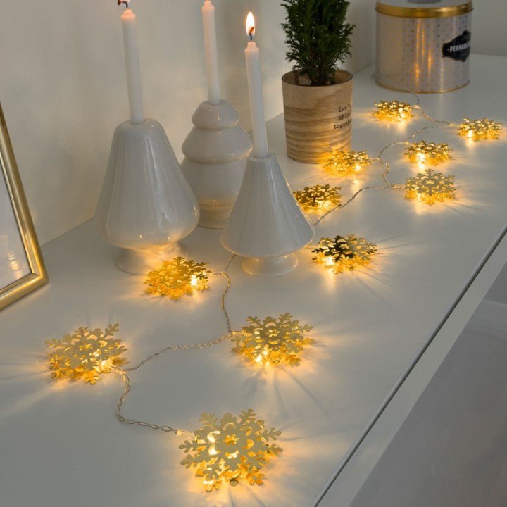 Guirlande lumineuse décorative à LED, flocons de neige métalliques dorés