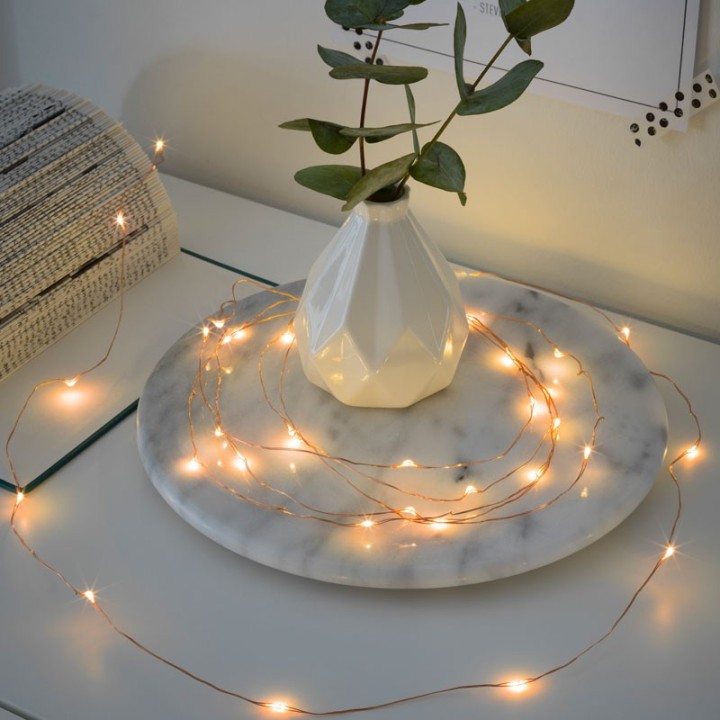 Guirlande LED à pile, 20 diodes ambrées, fil cuivré