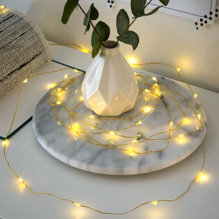 Guirlande LED à pile, 20 diodes ambrées, fil laiton