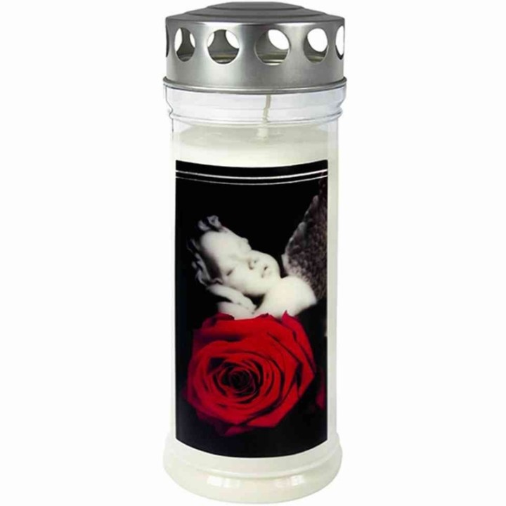 Bougie funéraire rose et ange, 21,5 cm