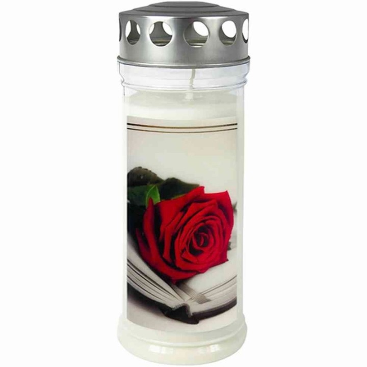 Bougie funéraire rose et livre, 21,5 cm