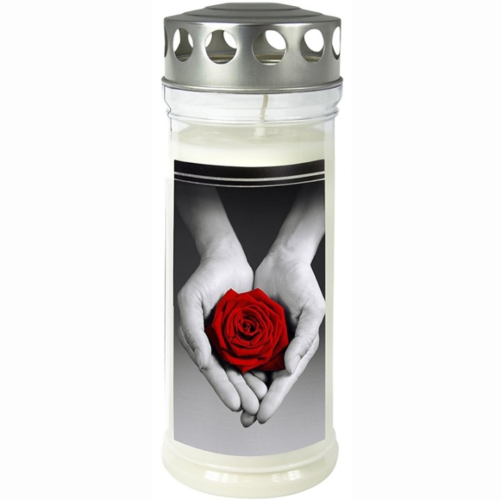 Bougie funéraire rose et main, 21,5 cm