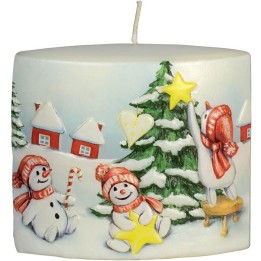 Bougie de Noël vintage scène bonhommes de neige et sapin