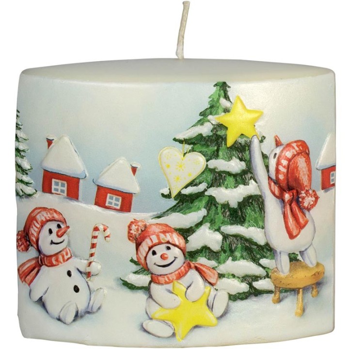 Bougie de Noël vintage scène bonhommes de neige et sapin