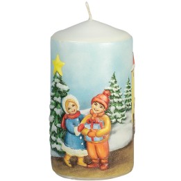 Bougie de Noël décorative, motif vintage enfant et village