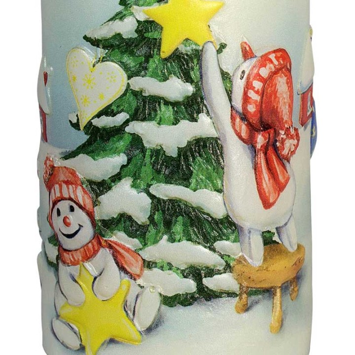 Bougie décorative de Noël, motif vintage bonhommes de neige et sapin
