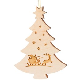 Pendentif sapin de Noël en bois, père Noël et traîneau