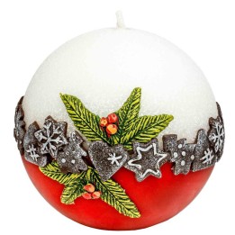 Bougie décorative ronde de Noël, blanc rouge, 10 cm 