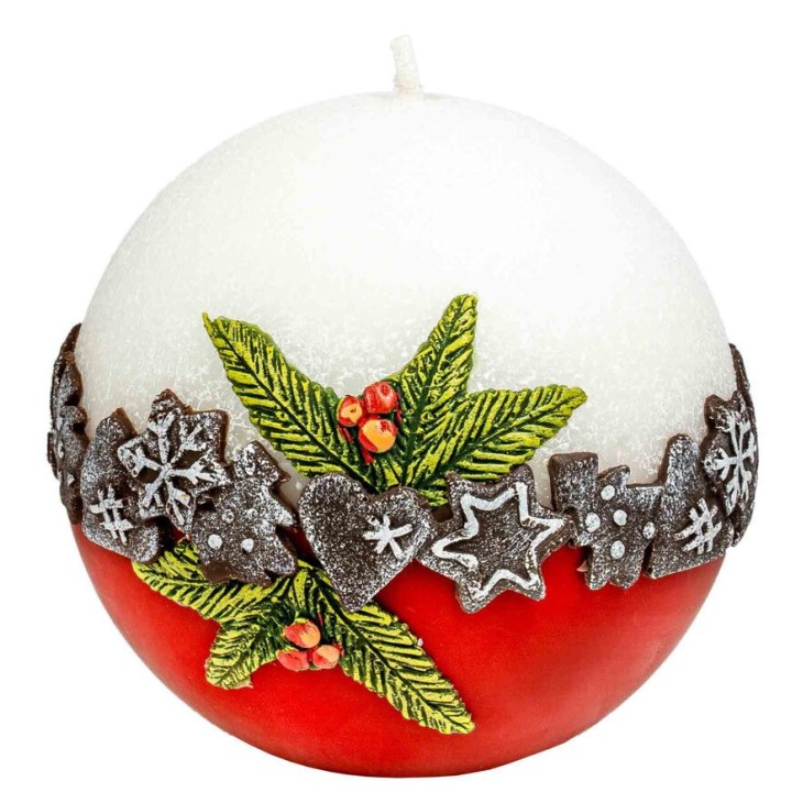 Bougie décorative ronde de Noël, blanc rouge, 10 cm 