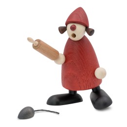 Mère Noël en bois tenant un rouleau à pâtisserie avec petite souris