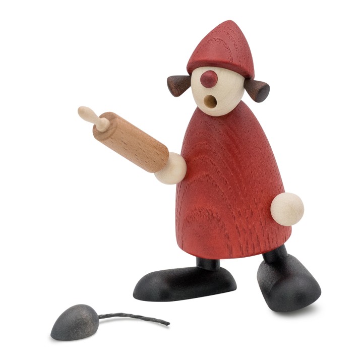 Mère Noël en bois tenant un rouleau à pâtisserie avec petite souris