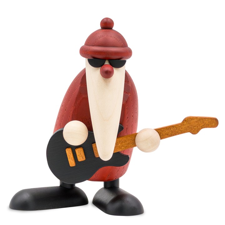 Père Noël en bois jouant d’une guitare électrique noire