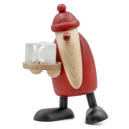 Grand Père Noël en bois portant un plateau avec trois tasses blanches