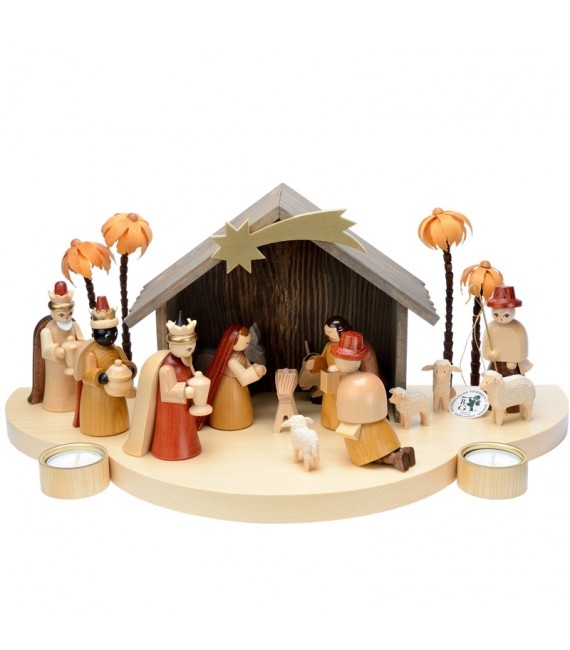 Grande crèche de Noël en bois avec personnages