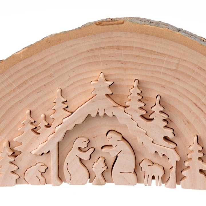 Crèche de Noël en relief, taillée dans un rondin de bois, 15 cm