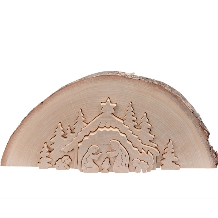 Crèche de Noël en relief, taillée dans un rondin de bois, 27 cm