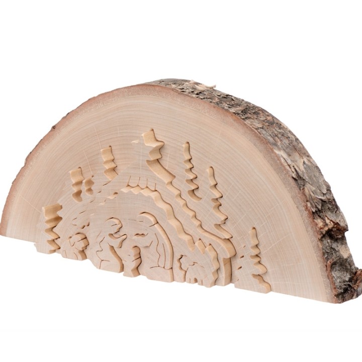 Crèche de Noël en relief, taillée dans un rondin de bois, 27 cm