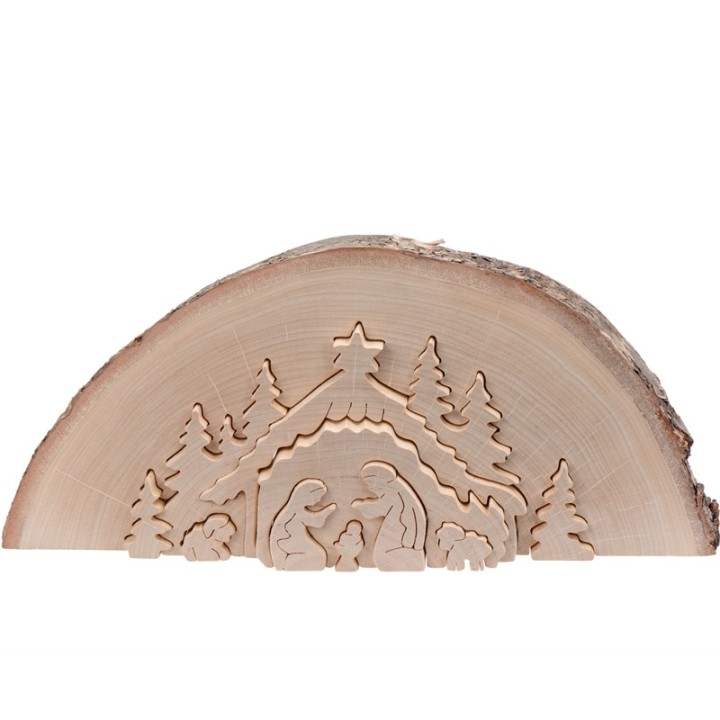 Crèche de Noël en relief, taillée dans un rondin de bois, 27 cm