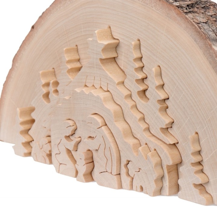Crèche de Noël en relief, taillée dans un rondin de bois, 27 cm