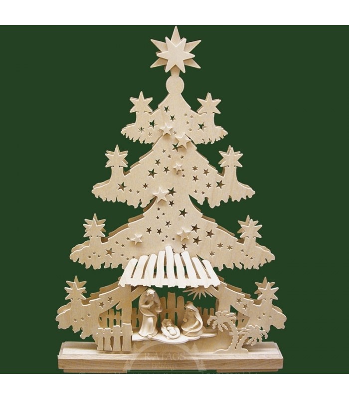 Sapin lumineux Led avec personnages crèche de Noël en bois ciselé