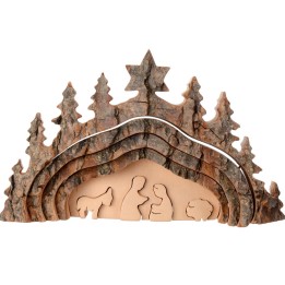 Crèche de Noël taillée dans une écorce de bois, motif grotte, 20 cm