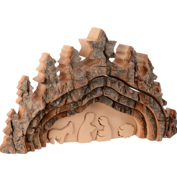 Crèche de Noël taillée dans une écorce de bois, motif grotte, 20 cm