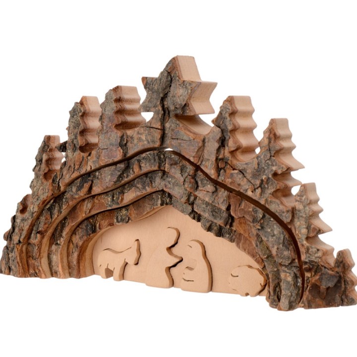 Crèche de Noël taillée dans une écorce de bois, motif grotte, 20 cm