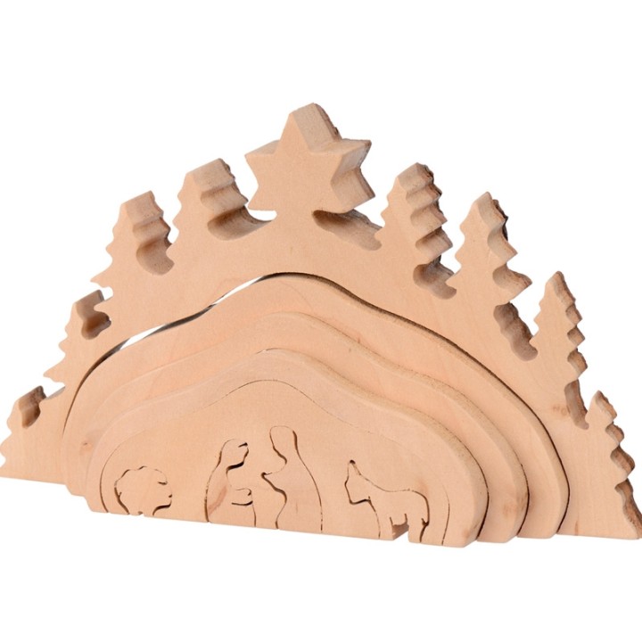 Crèche de Noël taillée dans une écorce de bois, motif grotte, 20 cm