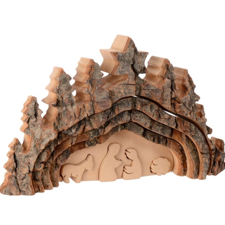Crèche de Noël taillée dans une écorce de bois, motif grotte, 20 cm