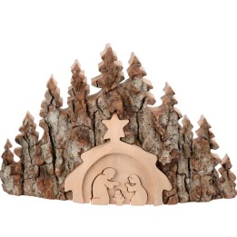Crèche de Noël taillée dans une écorce de bois, motif étable